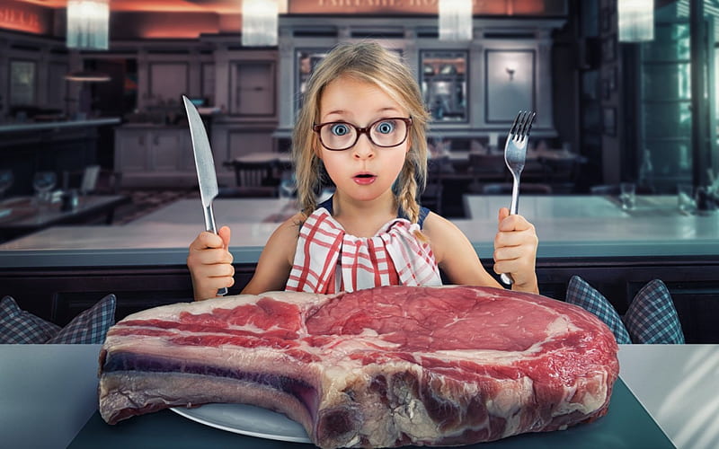 Big slice of meat and a little girl, blonde, creative, situation, girl, slice, meat, child, funny, blue eyes, HD wallpaper