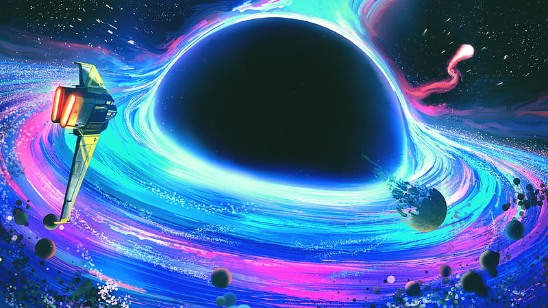 Spaceship move toward black hole, fantasy, art, HD wallpaper