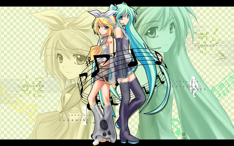 Hatsune Miku & Kagamine Rin, hatsune miku, music notes, bow