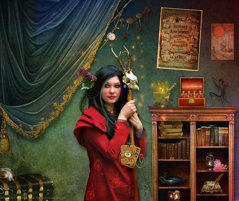 Curious Curator, art, autumnsgoddess, fantasy, magic, woman, HD wallpaper