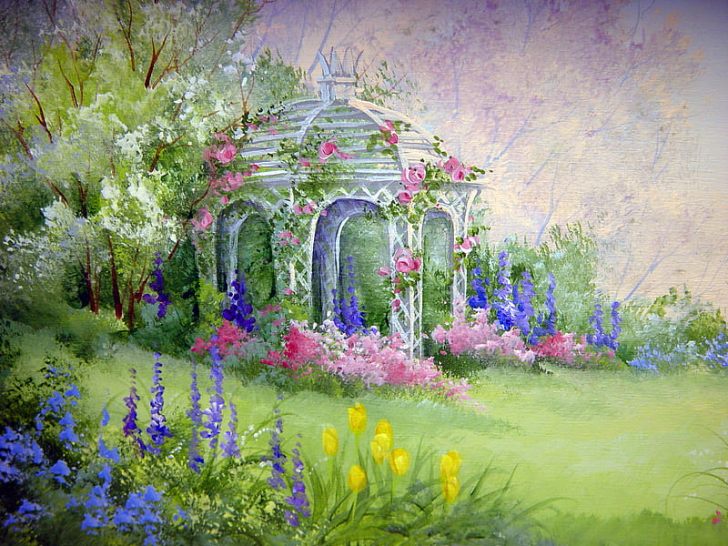 GARDEN GAZEBO, flower, painting, garden, english, HD wallpaper
