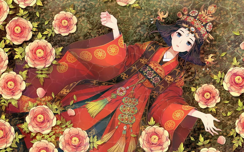 Empress, Oriental, red, flowers, HD wallpaper