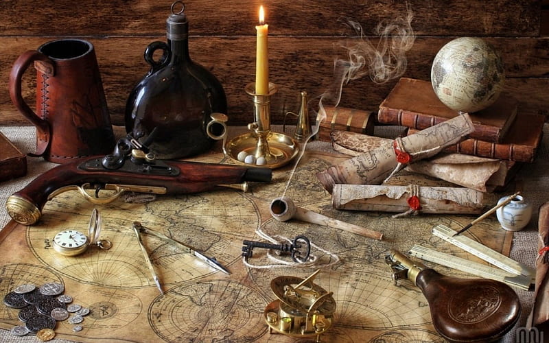 Pirate's Tools, Pirate, tools, compass, map, HD wallpaper