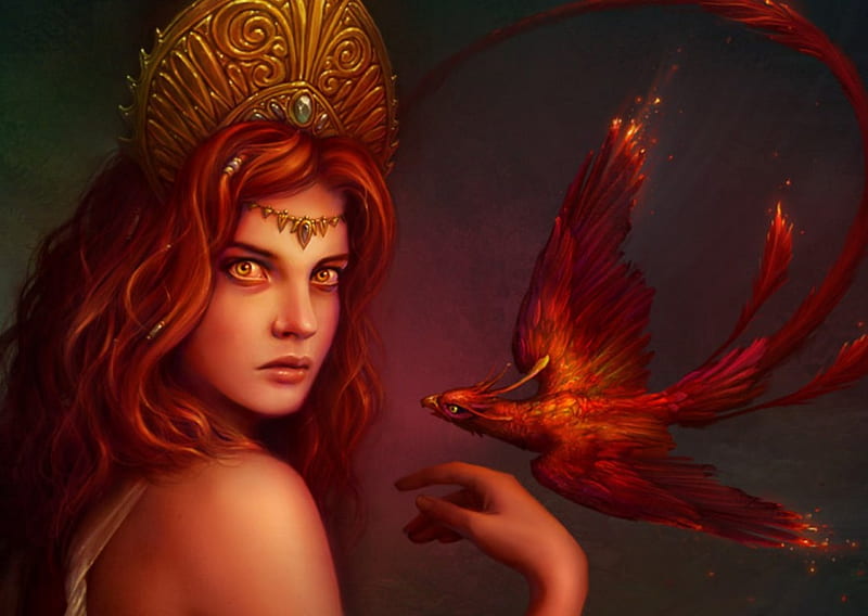 Stare of the Phoenix, red, art, phoenix, bonito, girl, bird, crown, fierce, staring, eyes, HD wallpaper