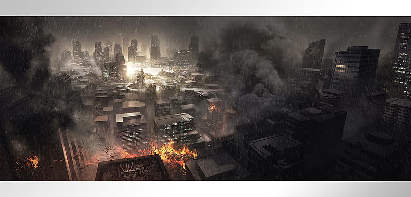 explosion in city, explosion, city, fantasy, dark, HD wallpaper
