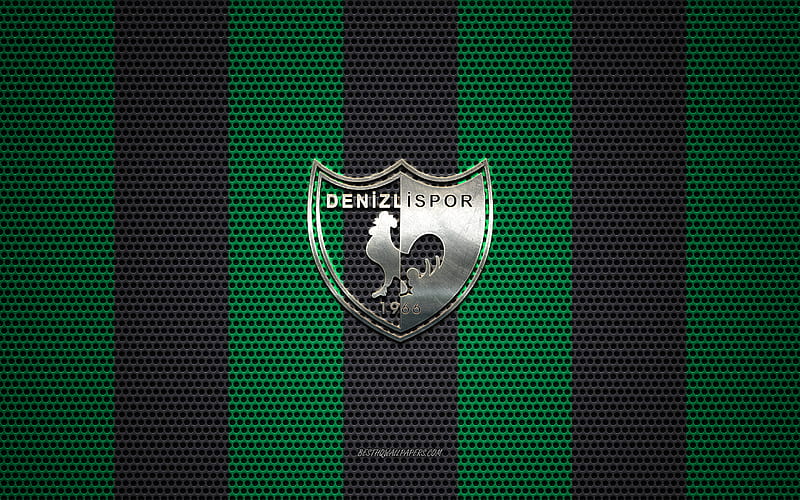 Denizlispor logo, Turkish football club, metal emblem, green-black metal mesh background, Super Lig, Denizlispor, Turkish Super League, Denizli, Turkey, football, HD wallpaper