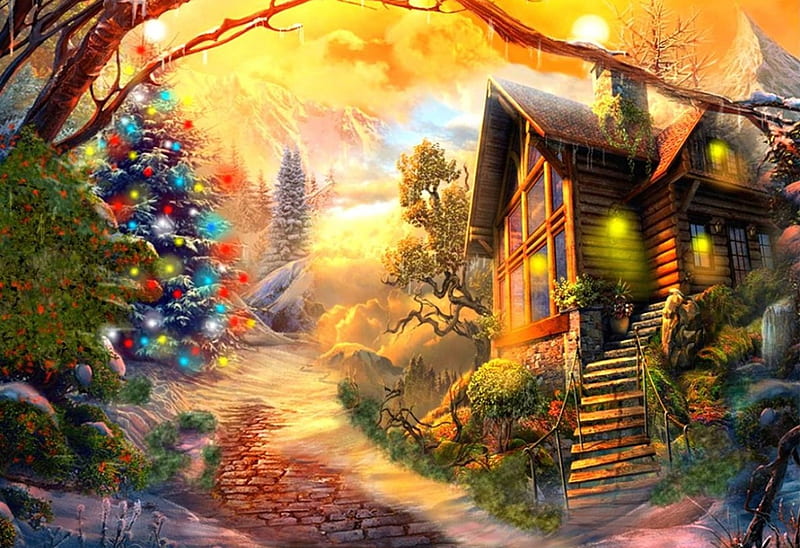 Navidad solitaria, fantasia, Christmas, landscape, vista, HD wallpaper