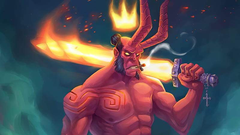 Hellboy With Burning Sword, hellboy, superheroes, artist, artwork, digital-art, artstation, HD wallpaper