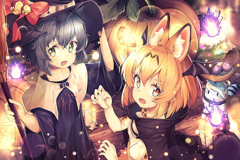 serval, kaban, kemono friends, halloween, animal ears, pumpkin, loli, Anime, HD wallpaper