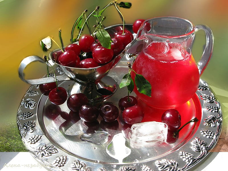 Cherries, red, stems, pitcher, silver, refreshment, cool, platter, ice, juicy, HD wallpaper