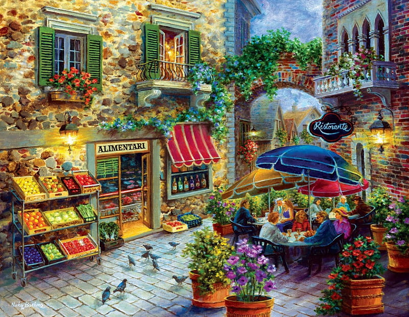 Street in Italian City, umbrellas, house, people, fruits, flowers, store, Restaurant, HD wallpaper