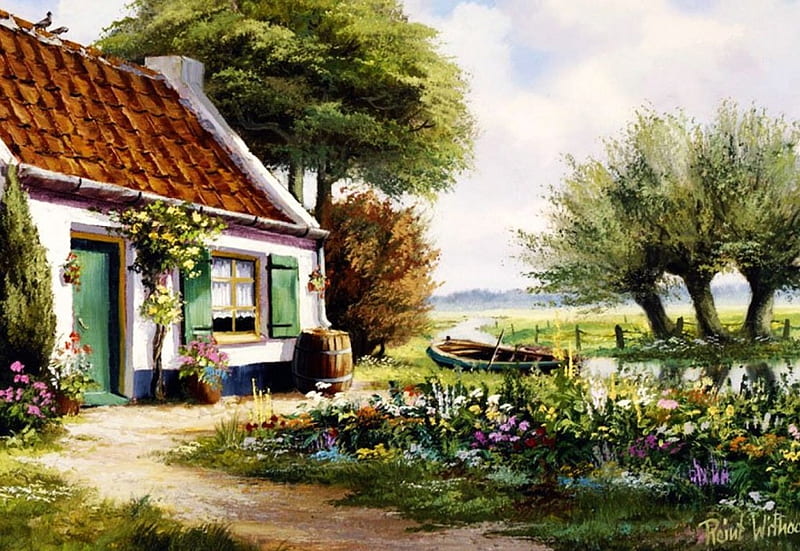 Country Cottage, house, painting, flowers, path, trees, artwork, HD wallpaper