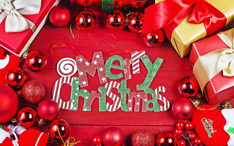 Merry Christmas, red balls, red background, gifts, Christmas, xmas decorations, Merry Xmas, HD wallpaper