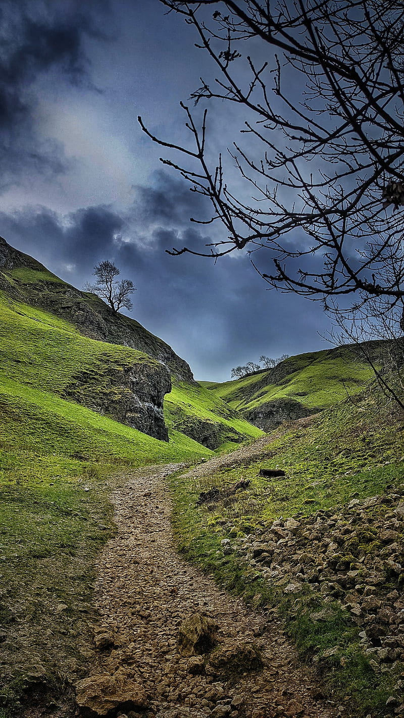 Hobbit hike, hill, hobbit, outcrop, path, peak district, rocks, sky, tree, HD phone wallpaper