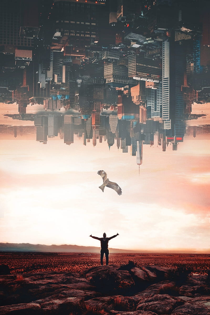 Liberty and the Eagle, GEN_Z__, adventure, america, animal, bird, brown, buildings, city, clouds, collage, connection, dialogue, digital, digital-manipulation, dom, hawk, human, inception, orange, manipulation, rocks, savage, sky, skyscrapers, surreal, united states, urban, HD phone wallpaper