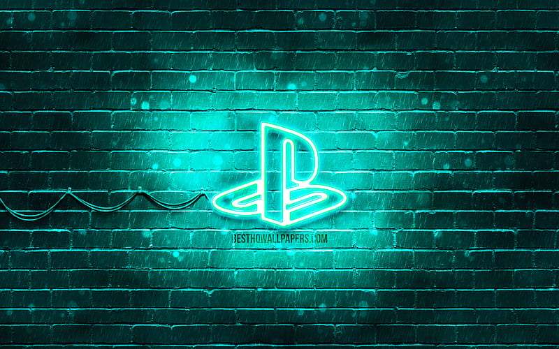 PlayStation turquoise logo turquoise brickwall, PlayStation logo, brands, PlayStation neon logo, PlayStation, HD wallpaper