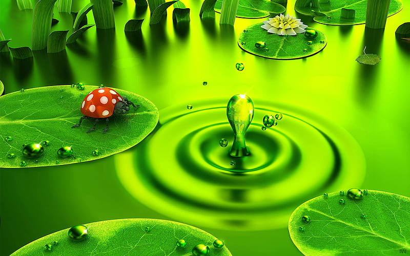 Green Dawn, colorful, cg, water drop, digital art, robot, leaves, fantasy, green, bettle, color, animals, art, drop, floating, abstract, leaf, pond, water, ladybug, 3d, insect, nature, dew drops, HD wallpaper