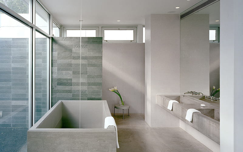 stylish bathroom interior, loft style bathroom, stylish interior design, concrete bath cladding, Loft Concrete, light tile in the bathroom, HD wallpaper