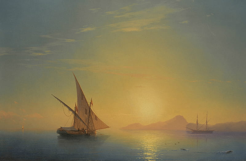 Sunset over the Island of Ischia, yellow, sunset, blue, ivan aivazovsky, sea, art, water, boat, ship, painting, pictura, HD wallpaper