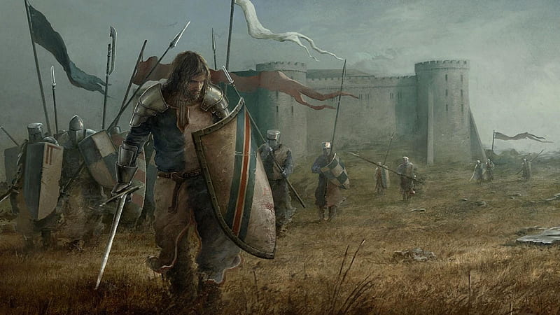 Warrior, medieval castle, art, battle, fantasy, shield, warior, man, HD wallpaper