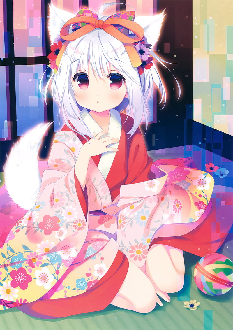 anime, anime girls, animal ears, kimono, tail, short hair, white hair, red eyes, Japanese clothes, HD phone wallpaper