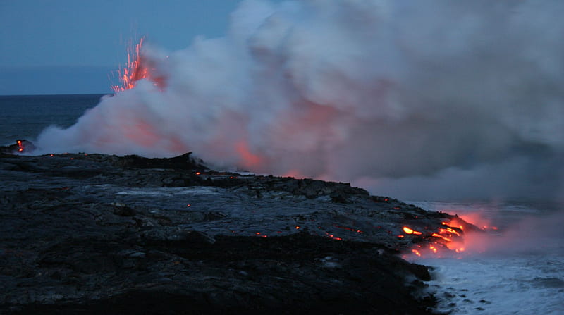 Lava entering the sea, lava, lava stone, steam, sky, heat, HD wallpaper