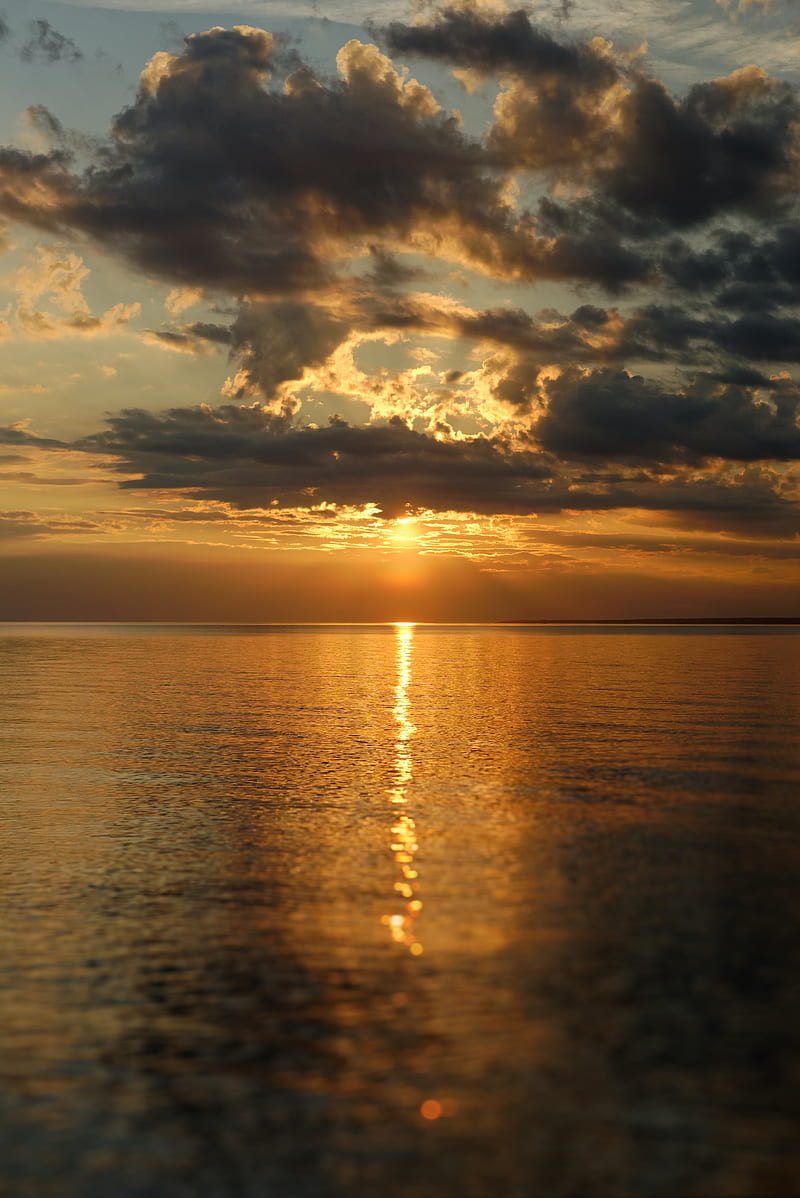 sunset, glare, water, horizon, clouds, HD phone wallpaper