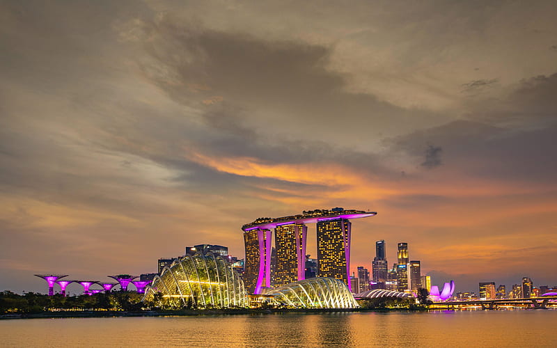 Singapore, Esplanade, Theatres on the Bay, Marina Bay Sands, evening, sunset, skyscrapers, Singapore cityscape, Singapore skyline, Asia, Esplanade Theatres, Marina Bay, HD wallpaper