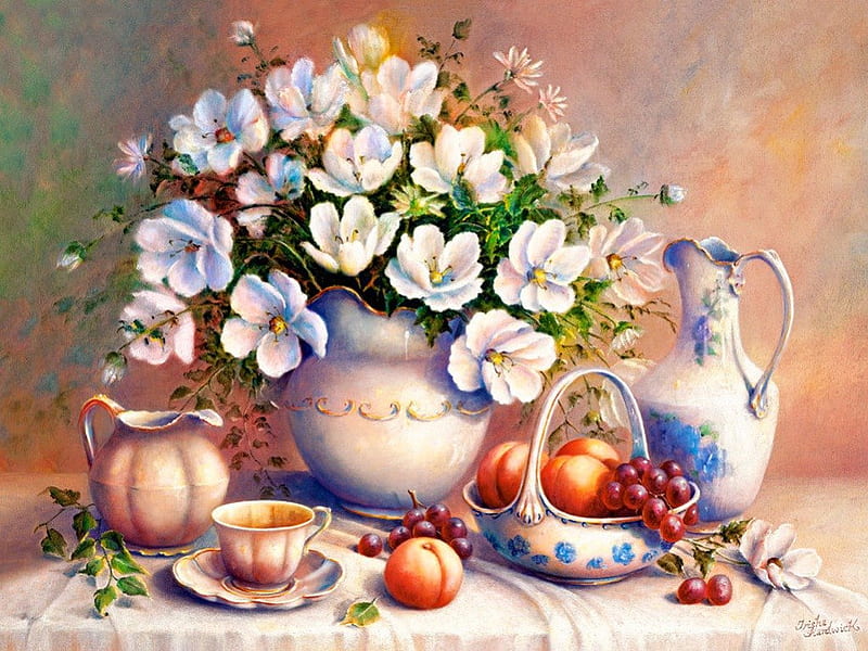 The gilded vase, pretty, fruits, vase, bonito, tea, still life, nice, gilded, painting, flowers, tender, harmony, art, lovely, time, apples, golden, guild, bouquet, coffee, HD wallpaper