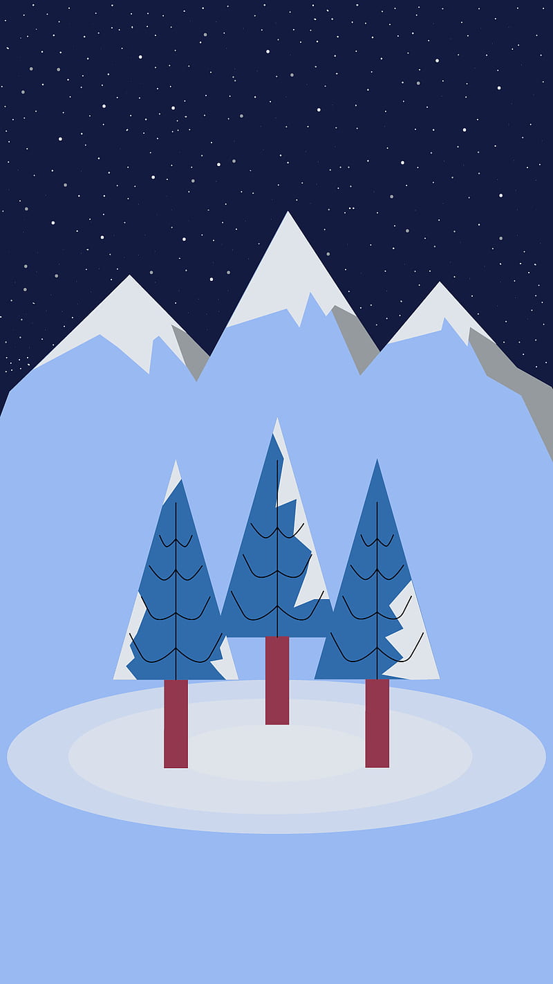 Minimal Winter Night, blue, mountain, mountains, night, sky, snow, stars, trees, white, winter, HD phone wallpaper