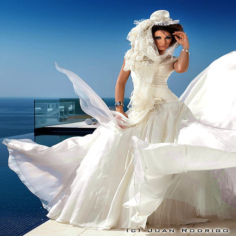 WHITE BRIDE, dress, ocean, bride, floating, sky, woman, hat, white