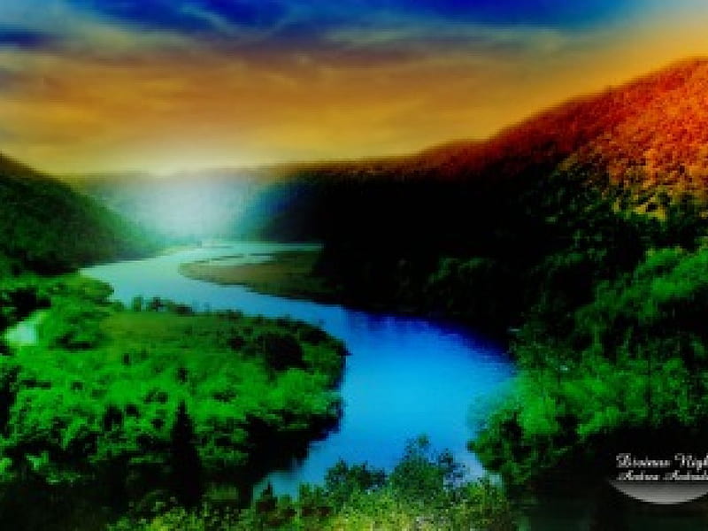 Divinus Night, art, grassy banks, mountains, sunlight, river, HD wallpaper
