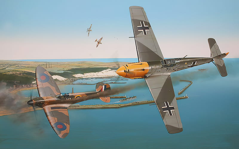 Messerschmitt Bf109, Supermarine Spitfire, World War II, fighters, bf-109, ww2, drawn planes, HD wallpaper