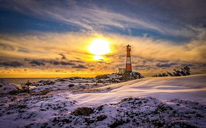 North Sea, lighthouse, winter, coast, Rogaland, Eigersund, Norway, HD wallpaper