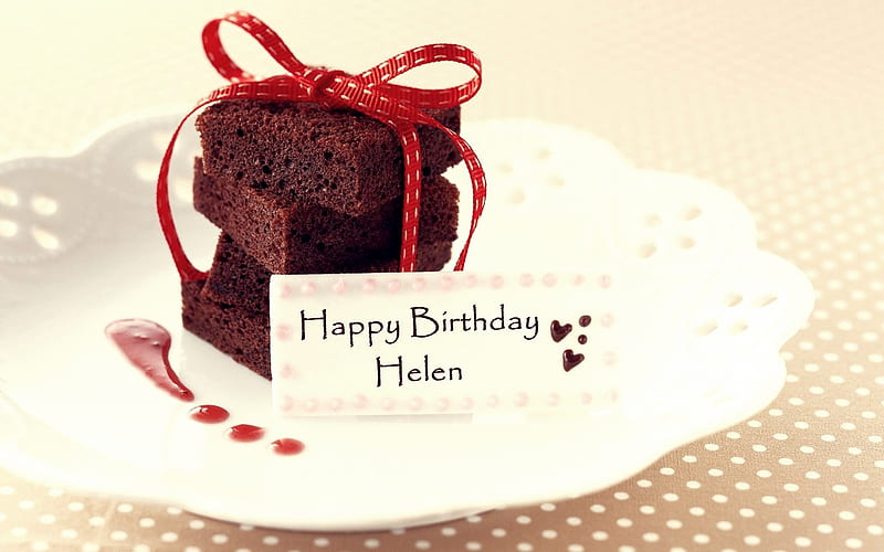 Happy Birtay Helen, cake, happy birtay, ribbon, Gingerbread-heart, gift, corazones, sweet, HD wallpaper