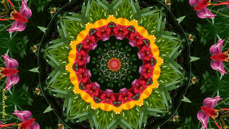 Tulip Petals, Tulip Leaves, kaleidoscopes too1, kaleidoscope, leaves, green, tulips, tulip, leaf, leafs, petals, HD wallpaper