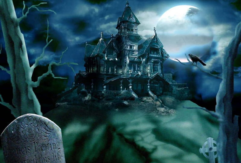 Spooky Night, raven, cloudy sky, halloween, full moon, headstone, spooky house, trees, HD wallpaper