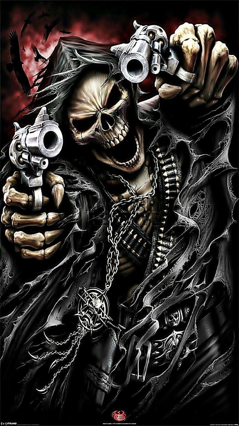 Very Dangerous, skull with gun, skull, gun, HD phone wallpaper