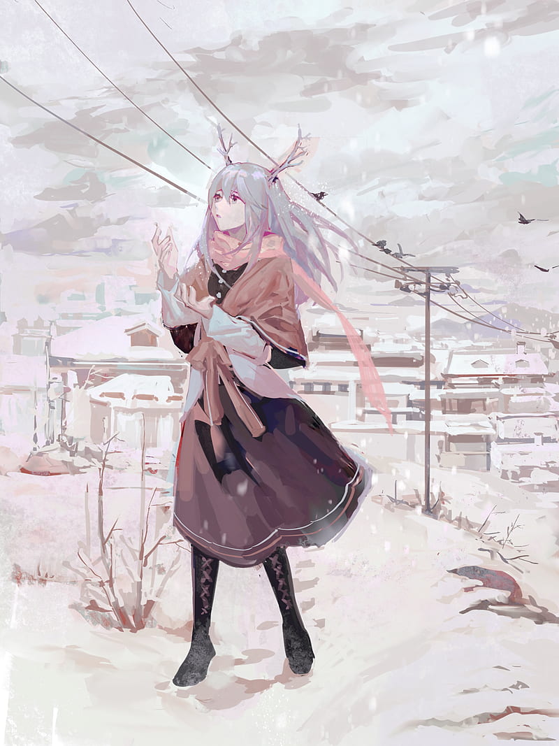 Winter, anime girls, horns, silver hair, scarf, snow, HD phone wallpaper |  Peakpx