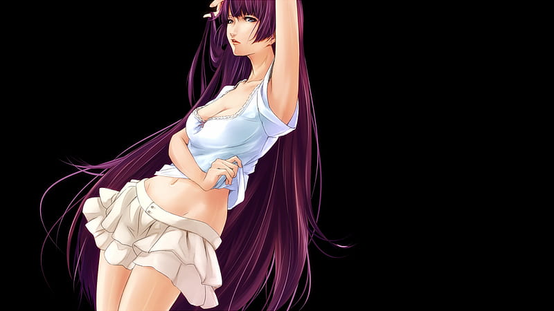 ..., momogatari, senjougahara, skirt, sexy, cute, hair, hitagi, girl, purple, anime, top, blue, HD wallpaper
