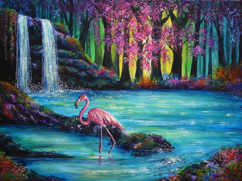 'Flamingo Falls', draw and paint, panoramic view, flamingo, attractions in dreams, paintings, landscapes, heaven, flowers, forests, scenery, traditional art, animals, love four seasons, creative pre-made, trees, waterfalls, best of the best, nature, HD wallpaper