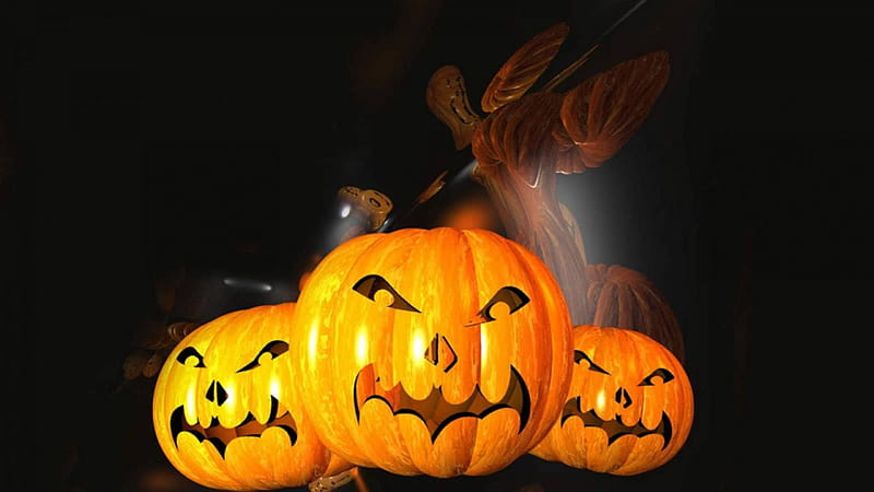 Halloween Pumpkins, pumpkin, scary, face, artwork, night, light, HD wallpaper