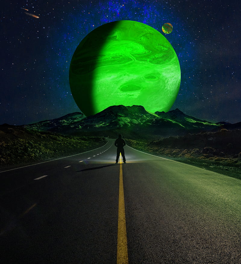 road, silhouette, mountains, planets, night, HD phone wallpaper