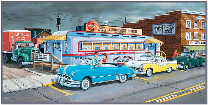Days Gone By, 50's, carros, classic, diner, grocery, HD wallpaper