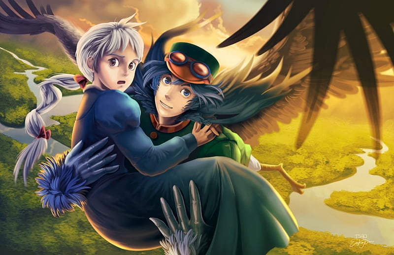 Howl and Sophie, guy, tsaoshin, yellow, howls moving castle, fantasy, green, anime, feather, couple, blue, wings, luminos, manga, man, eric proctor, girl, escape from suliman, HD wallpaper