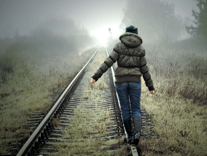 Those Train tracks, on, train, girl, walking, misty, tracks, weather, HD wallpaper