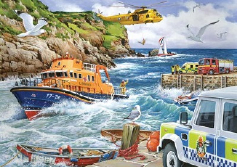 National Rescue Services, water, boat, fire engine, helicopter, ambulance, police, lifeboat, air rescue, HD wallpaper