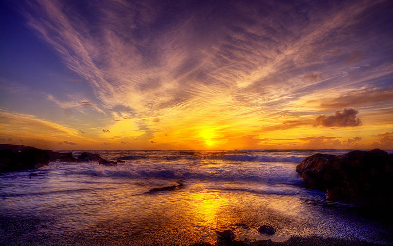 Sunset, rocks, colorful, bonito, clouds, beach, sand, splendor, beauty ...