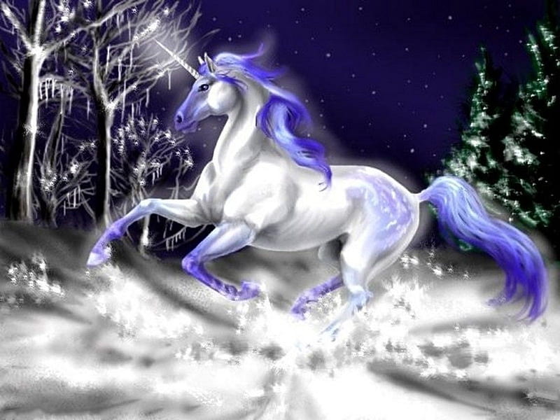 SPIRIT OF WINTER, spirit, snow, unicorn, white, trees, winter, HD wallpaper