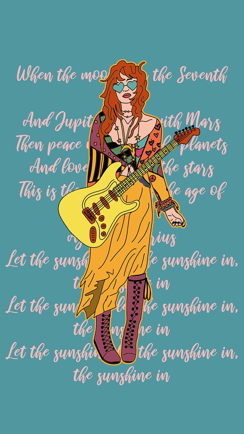 Girl with guitar , blue, drawing, dom, hippie, love, music, pop art, retro, HD phone wallpaper